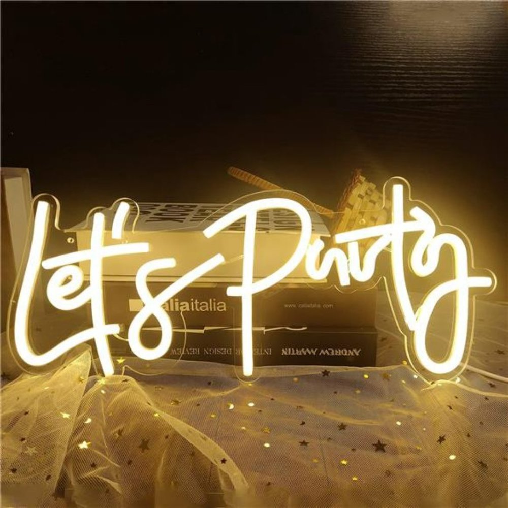 Neon LED "Lets Party" Wall Sign Bright VIVID Warm White Color 16x7"